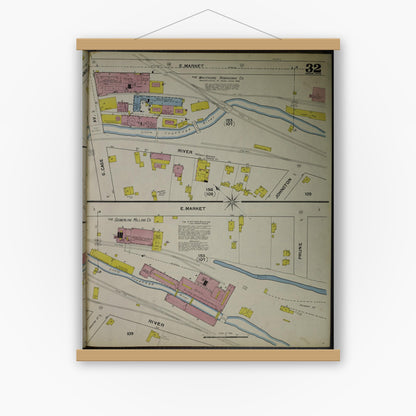 Old map wall art mockup — magnetic wood frame on white wall — Sanborn Fire Insurance Map from Akron, Summit County, Ohio (1892), Sheet #0032