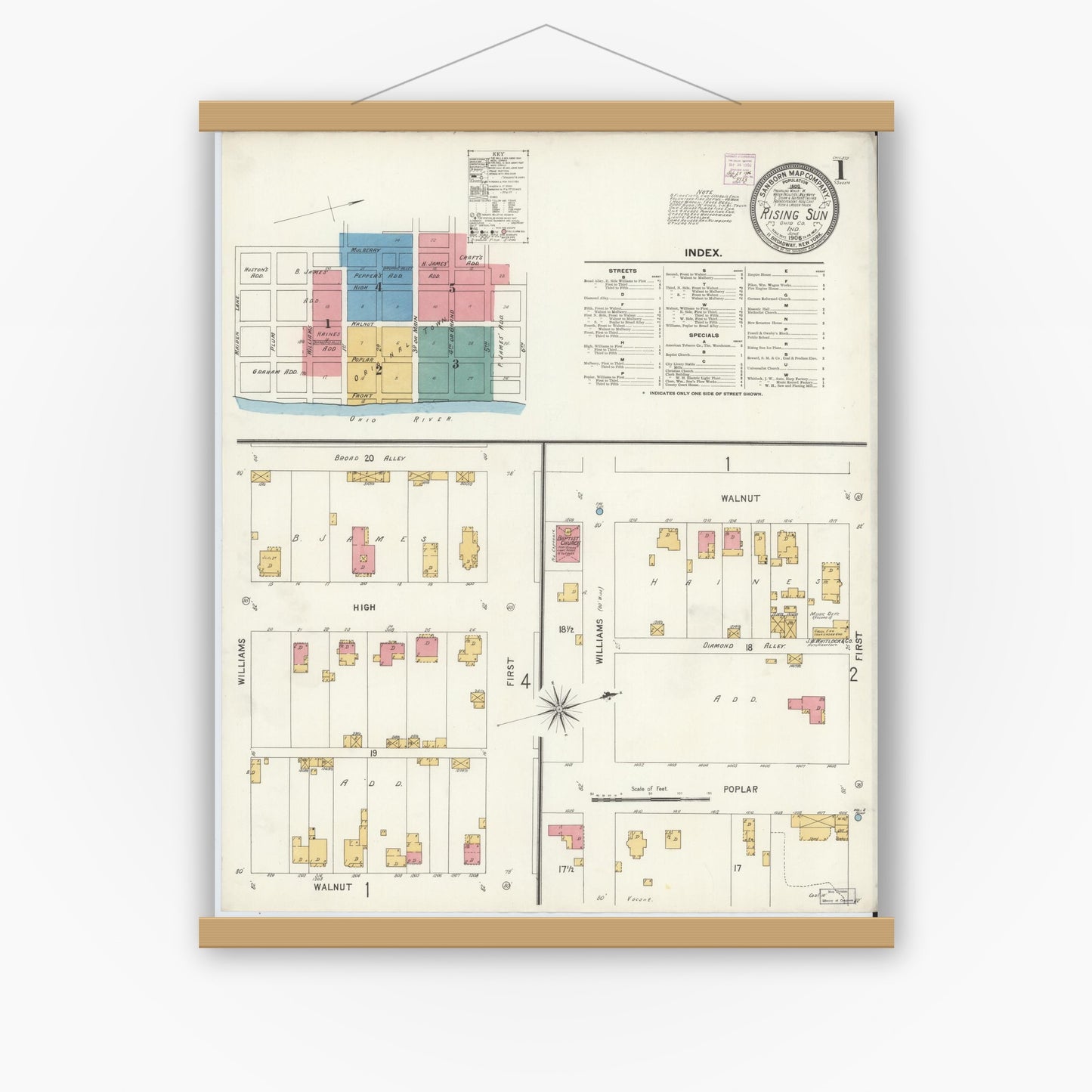 Old map wall art mockup — magnetic wood frame on white wall — Sanborn Fire Insurance Map from Rising Sun, Ohio County, Indiana (1906) - Complete Map Set