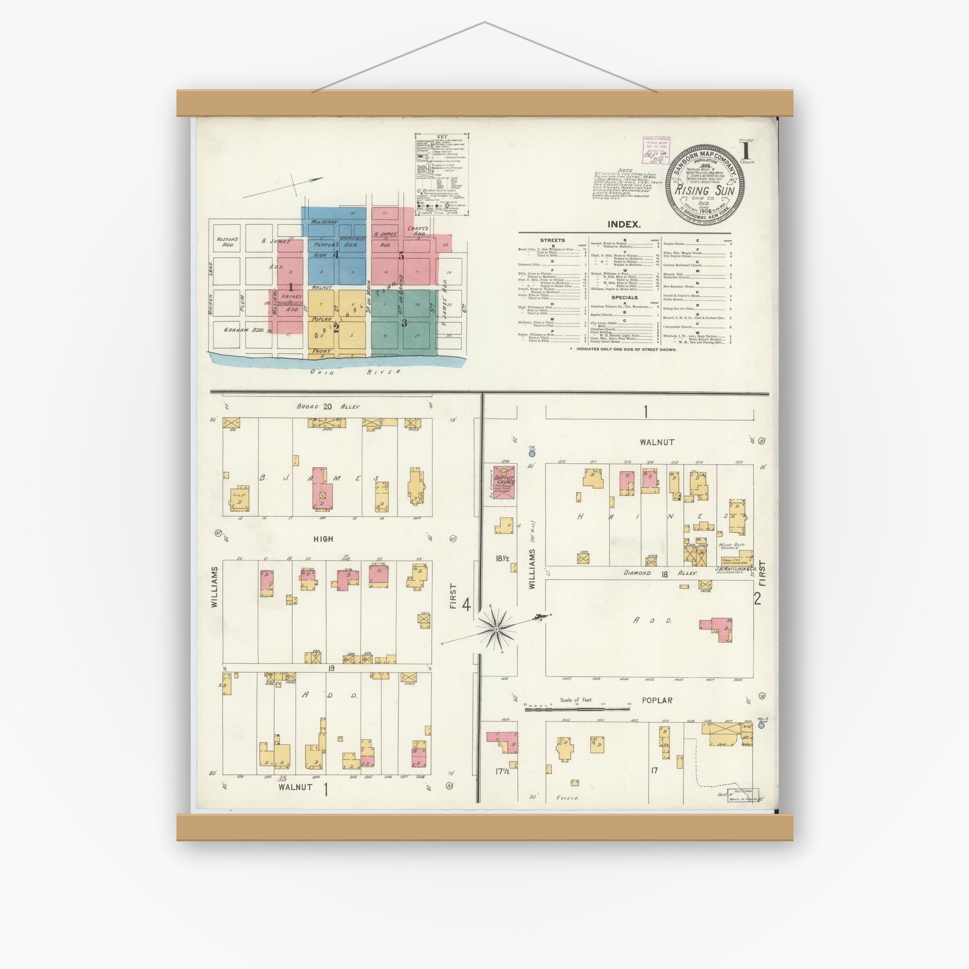 Old map wall art mockup — magnetic wood frame on white wall — Sanborn Fire Insurance Map from Rising Sun, Ohio County, Indiana (1906) - Complete Map Set