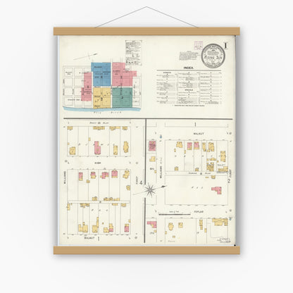 Old map wall art mockup — magnetic wood frame on white wall — Sanborn Fire Insurance Map from Rising Sun, Ohio County, Indiana (1906) - Complete Map Set