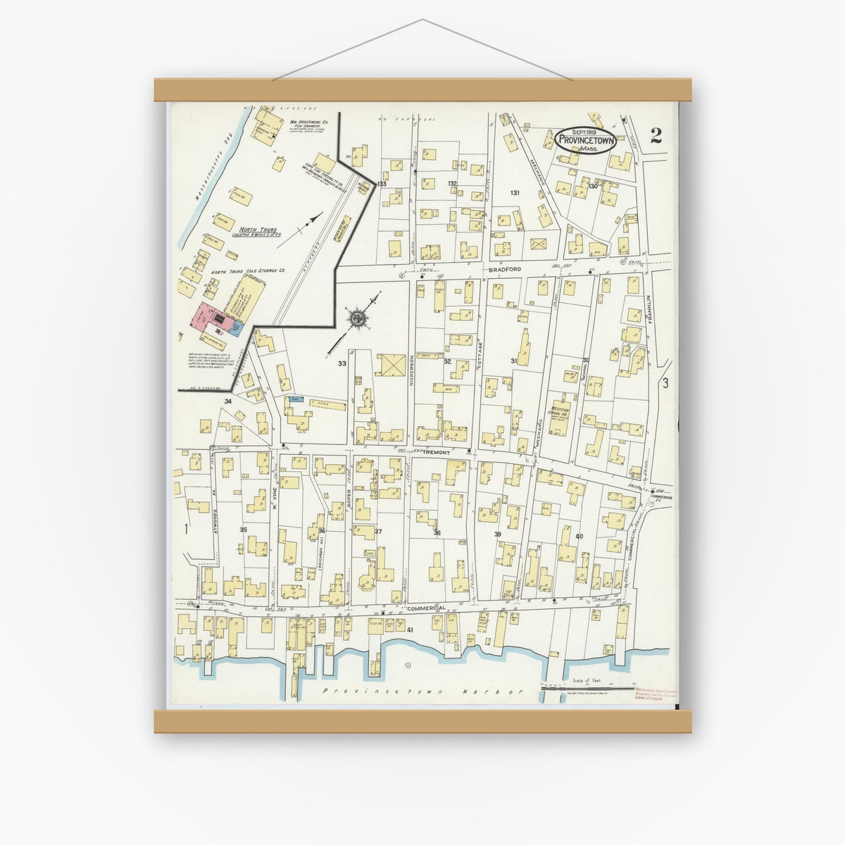 Old map wall art mockup — magnetic wood frame on white wall — Sanborn Fire Insurance Map from Provincetown, Barnstable County, Massachusetts (1919), Sheet #0002