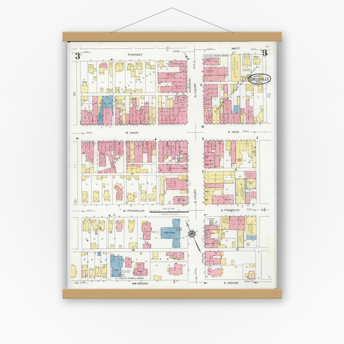 Old map wall art mockup — magnetic wood frame on white wall — Sanborn Fire Insurance Map from Circleville, Pickaway County, Ohio (1927), Sheet #0003
