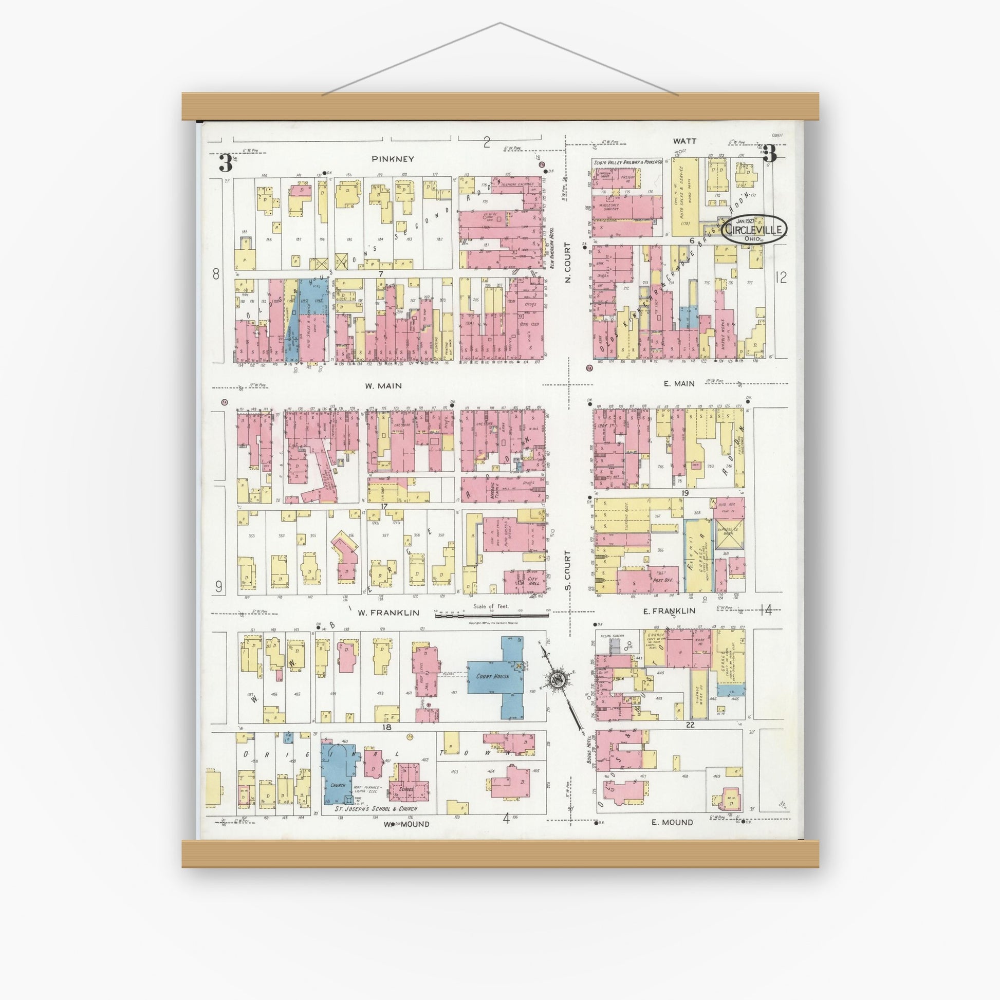 Old map wall art mockup — magnetic wood frame on white wall — Sanborn Fire Insurance Map from Circleville, Pickaway County, Ohio (1927), Sheet #0003
