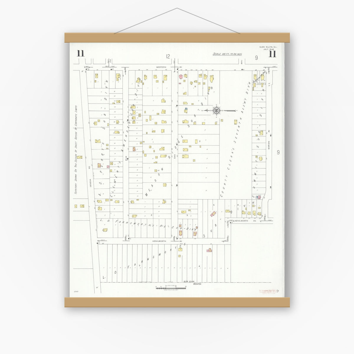Old map wall art mockup — magnetic wood frame on white wall — Sanborn Fire Insurance Map from Glen Ellyn, Du Page County, Illinois (1940), Sheet #0011