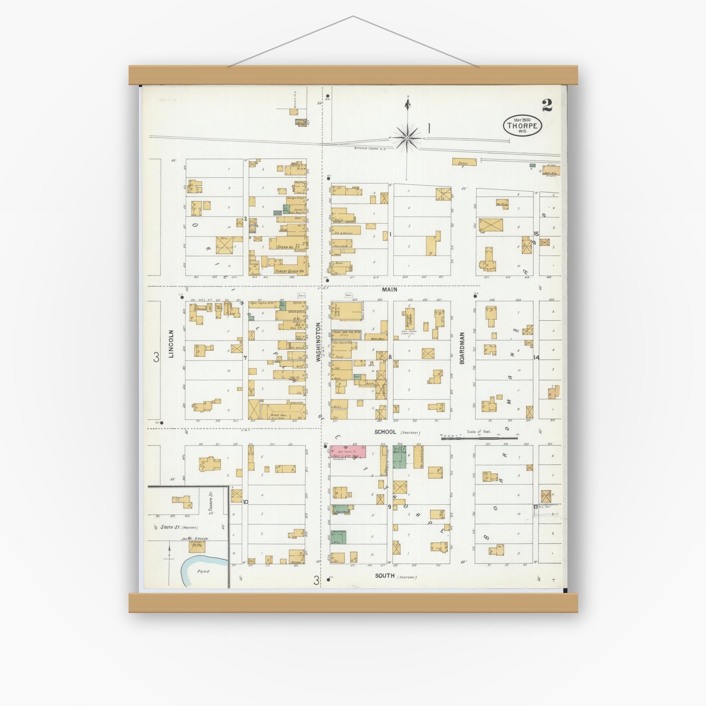 Old map wall art mockup — magnetic wood frame on white wall — Sanborn Fire Insurance Map from Thorpe, Clark County, Wisconsin (1900), Sheet #0002