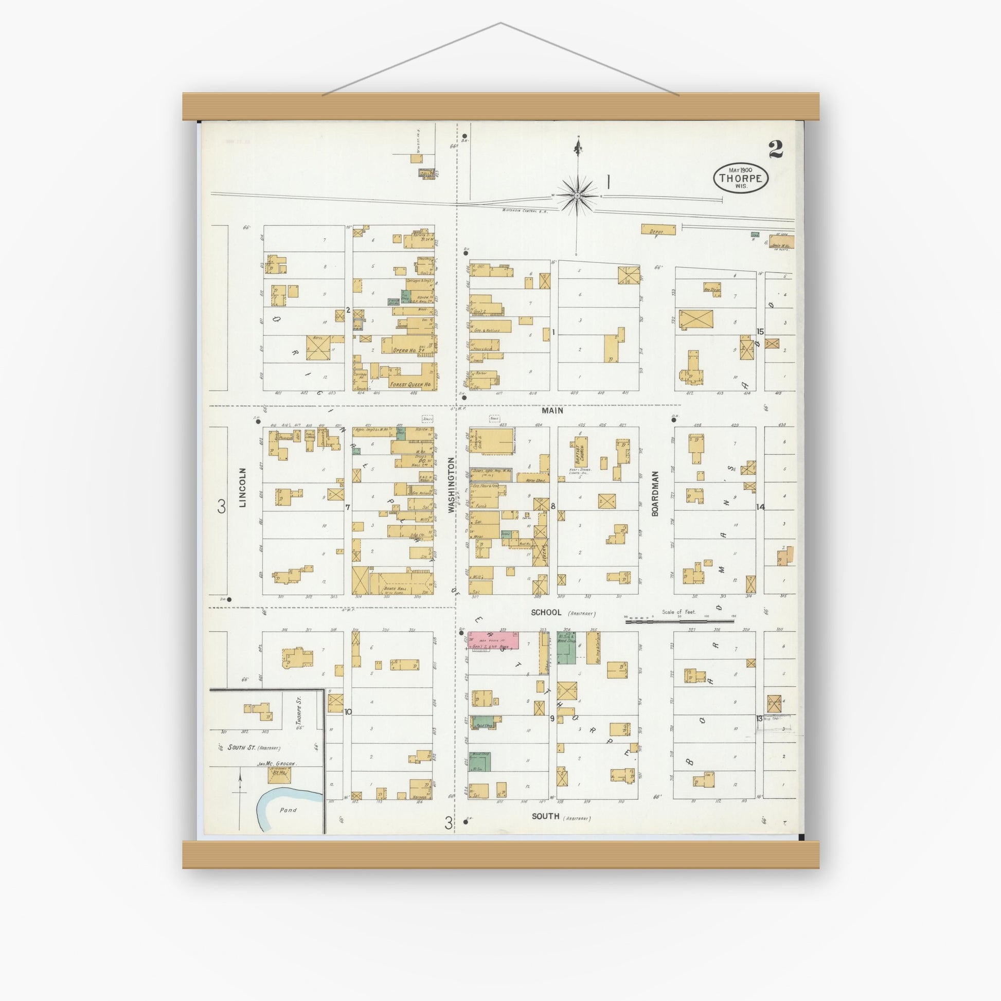 Old map wall art mockup — magnetic wood frame on white wall — Sanborn Fire Insurance Map from Thorpe, Clark County, Wisconsin (1900), Sheet #0002
