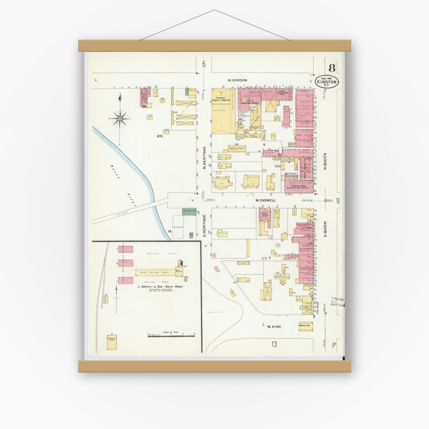Old map wall art mockup — magnetic wood frame on white wall — Sanborn Fire Insurance Map from Kinston, Lenoir County, North Carolina (1908), Sheet #0008