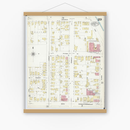 Old map wall art mockup — magnetic wood frame on white wall — Sanborn Fire Insurance Map from Marietta, Washington County, Ohio (1907), Sheet #0029