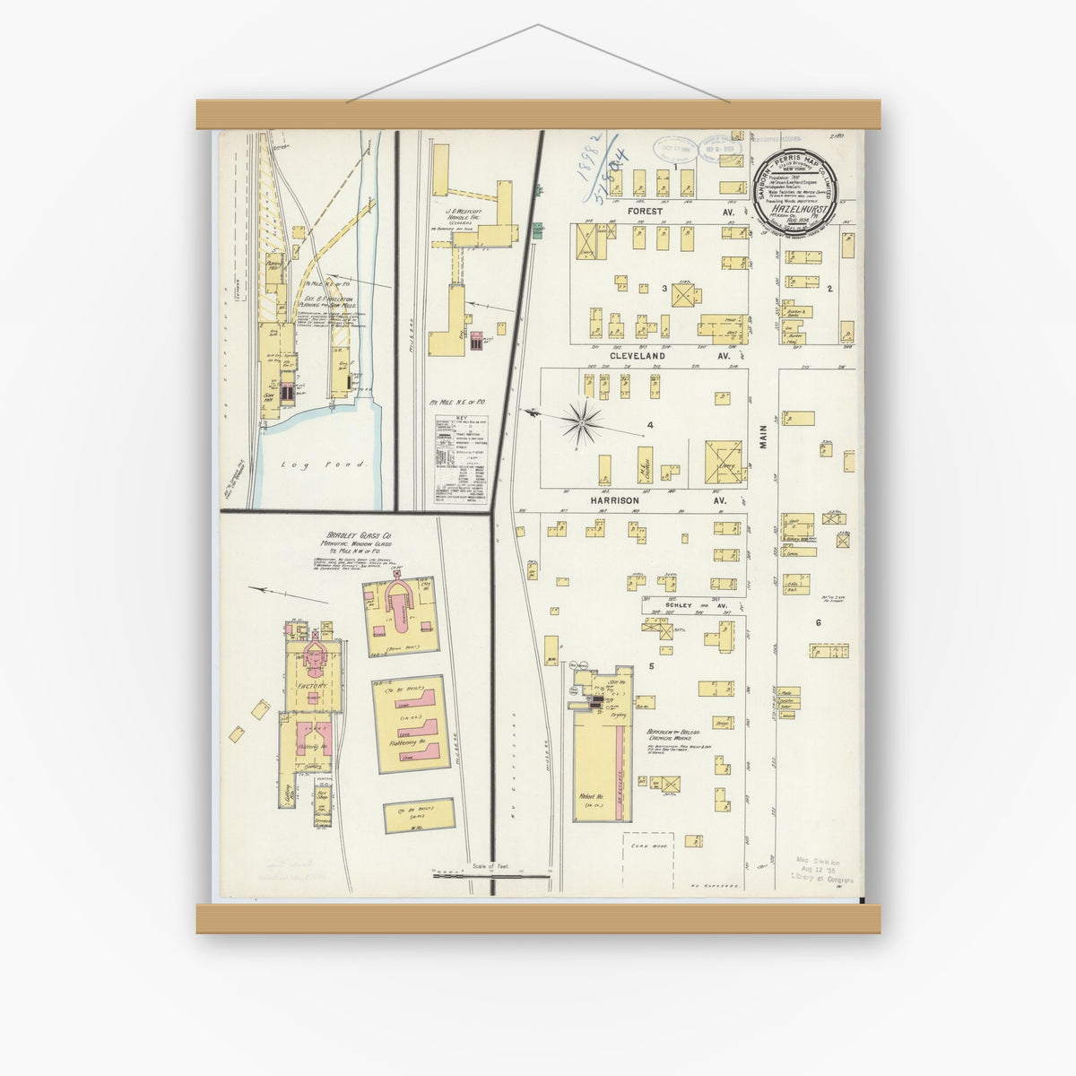 Old map wall art mockup — magnetic wood frame on white wall — Sanborn Fire Insurance Map from Hazelhurst, McKean County, Pennsylvania (1898), Sheet #0001