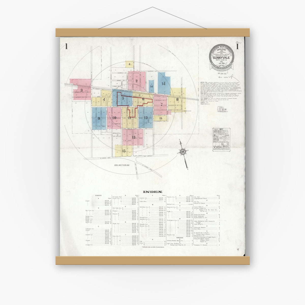 Old map wall art mockup — magnetic wood frame on white wall — Sanborn Fire Insurance Map from Sunnyvale, Santa Clara County, California (1930) - Complete Map Set