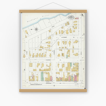 Old map wall art mockup — magnetic wood frame on white wall — Sanborn Fire Insurance Map from Big Rapids, Mecosta County, Michigan (1899), Sheet #0005
