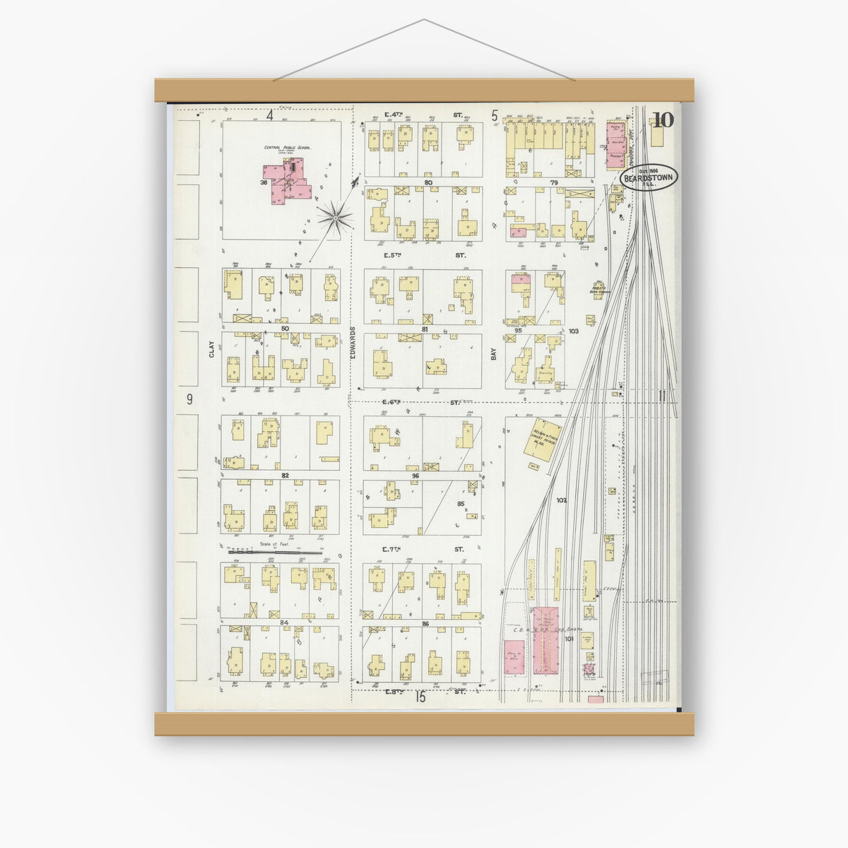Old map wall art mockup — magnetic wood frame on white wall — Sanborn Fire Insurance Map from Beardstown, Cass County, Illinois (1906), Sheet #0010