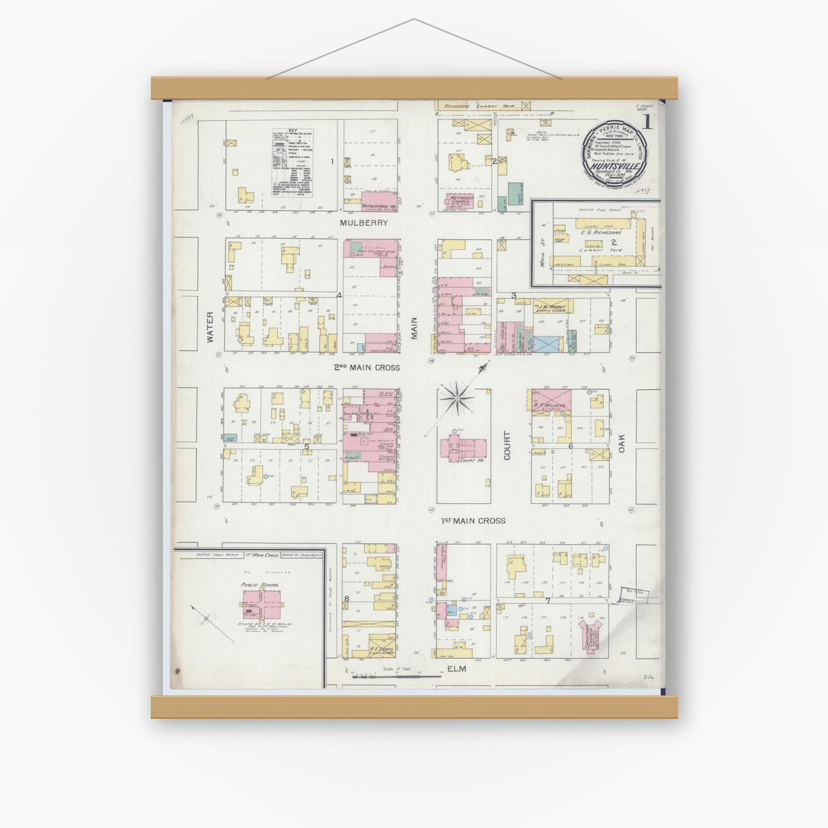 Old map wall art mockup — magnetic wood frame on white wall — Sanborn Fire Insurance Map from Huntsville, Randolph County, Missouri (1893), Sheet #0001