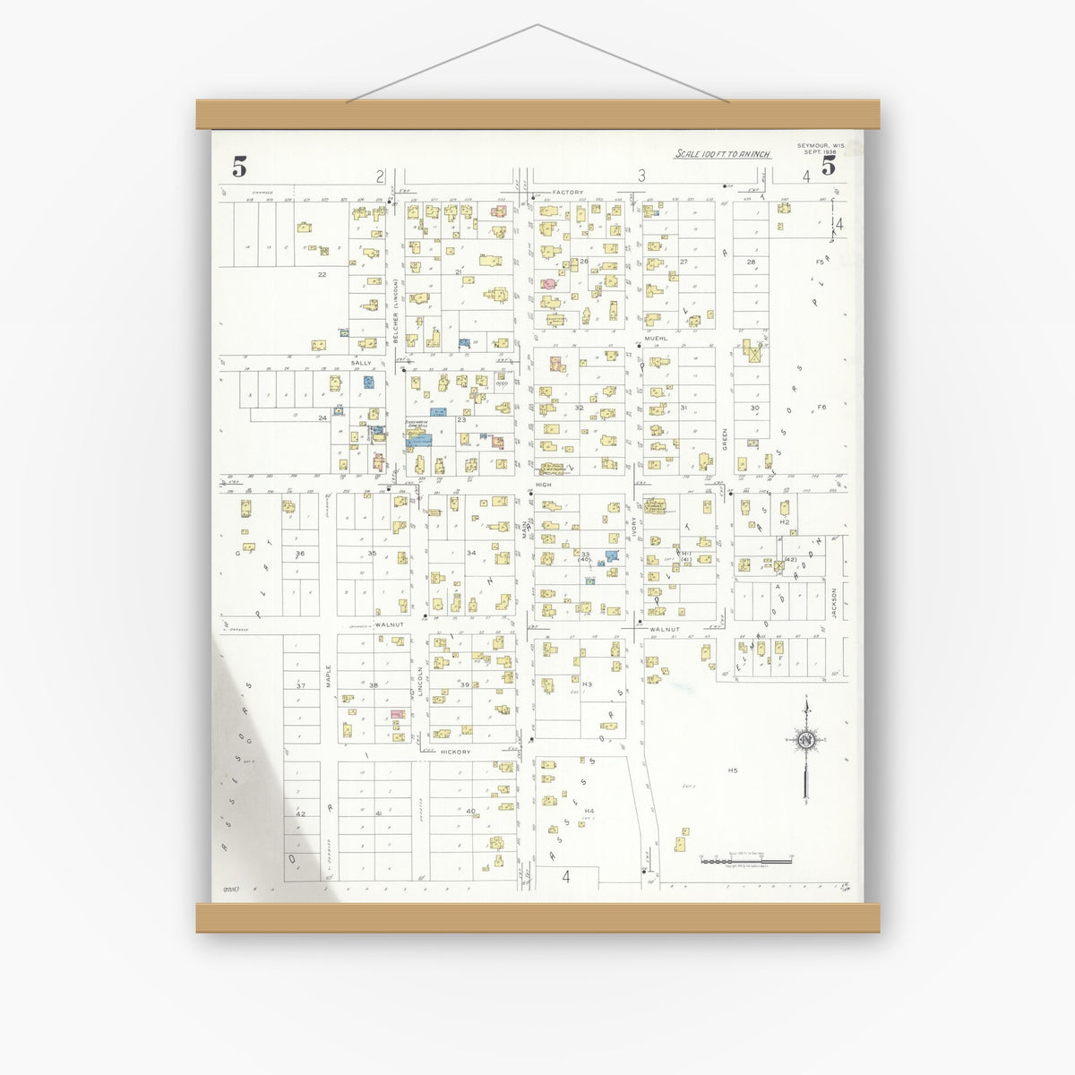 Old map wall art mockup — magnetic wood frame on white wall — Sanborn Fire Insurance Map from Seymour, Outagamie County, Wisconsin (1938), Sheet #0005