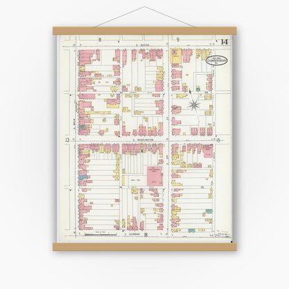 Old map wall art mockup — magnetic wood frame on white wall — Sanborn Fire Insurance Map from Chambersburg, Franklin County, Pennsylvania (1904), Sheet #0014