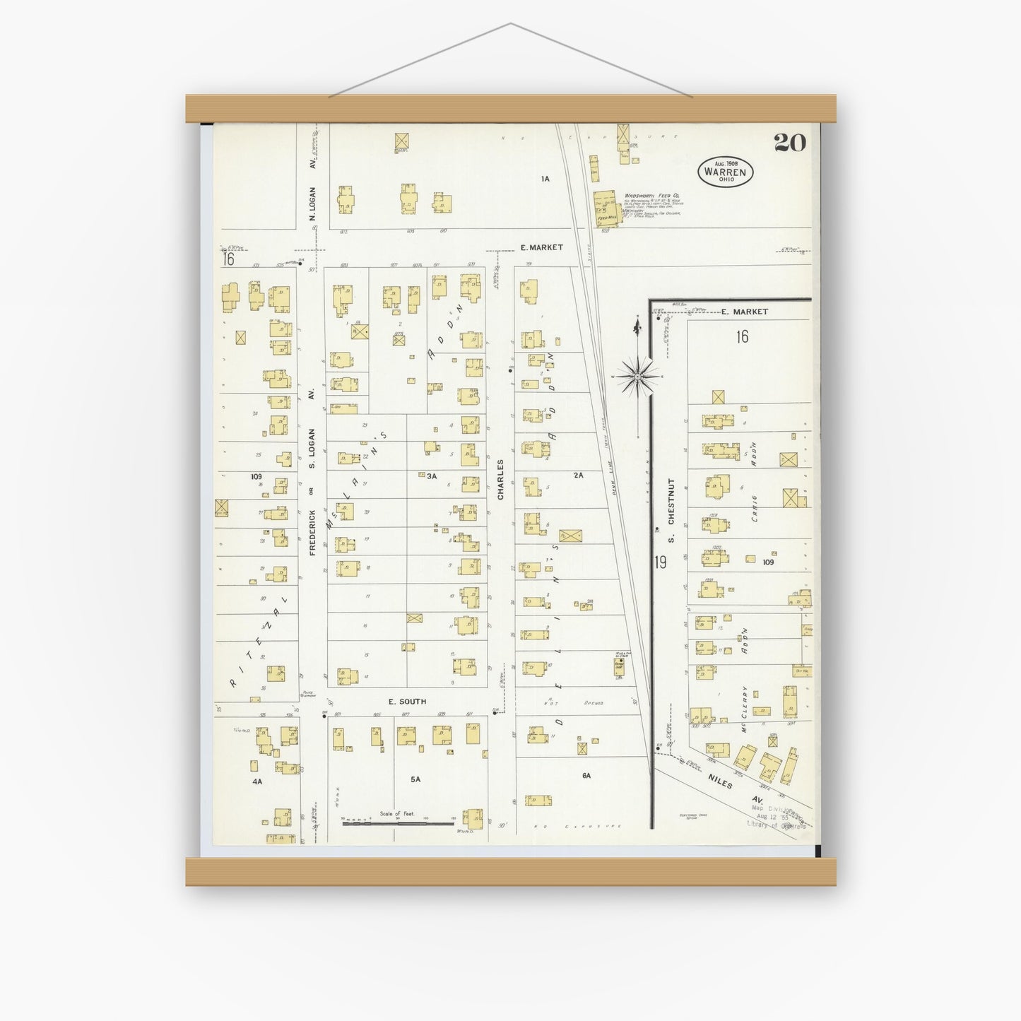 Old map wall art mockup — magnetic wood frame on white wall — Sanborn Fire Insurance Map from Warren, Trumbull County, Ohio (1908), Sheet #0020