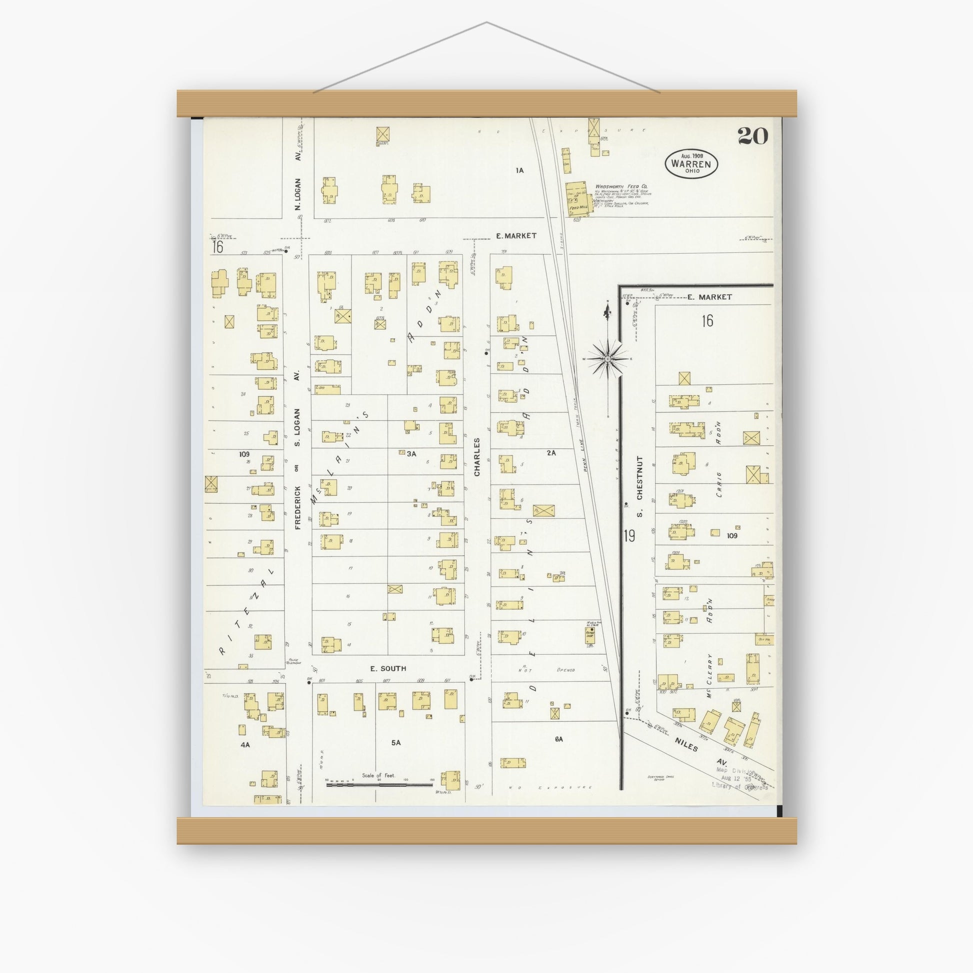 Old map wall art mockup — magnetic wood frame on white wall — Sanborn Fire Insurance Map from Warren, Trumbull County, Ohio (1908), Sheet #0020