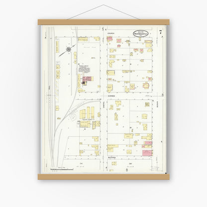Old map wall art mockup — magnetic wood frame on white wall — Sanborn Fire Insurance Map from New Braunfels, Comal County, Texas (1912), Sheet #0007