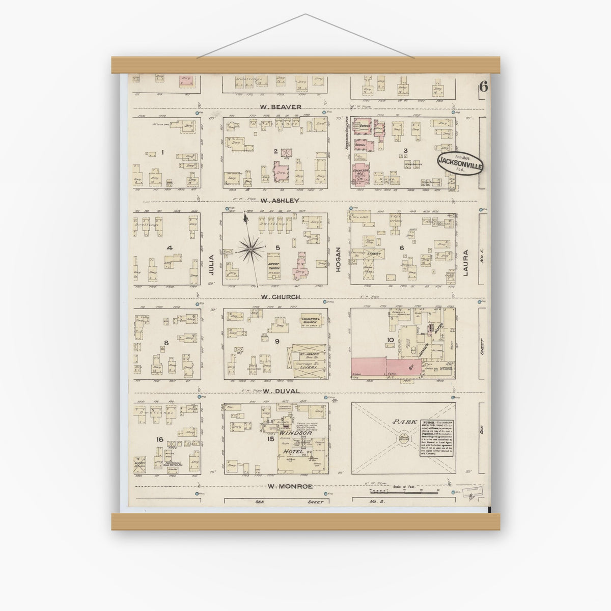 Old map wall art mockup — magnetic wood frame on white wall — Sanborn Fire Insurance Map from Jacksonville, Duval County, Florida (1884), Sheet #0006