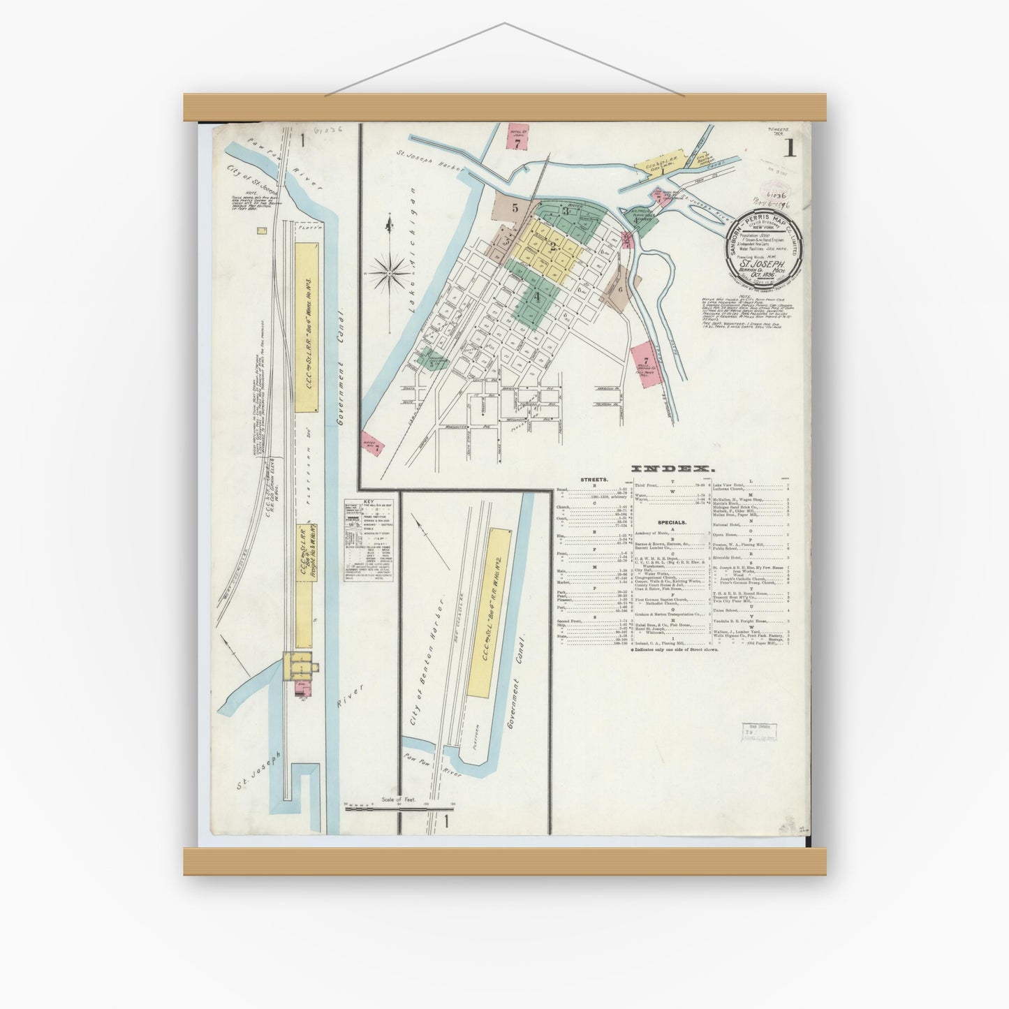 Old map wall art mockup — magnetic wood frame on white wall — Sanborn Fire Insurance Map from Saint Joseph, Berrien County, Michigan (1896) - Complete Map Set