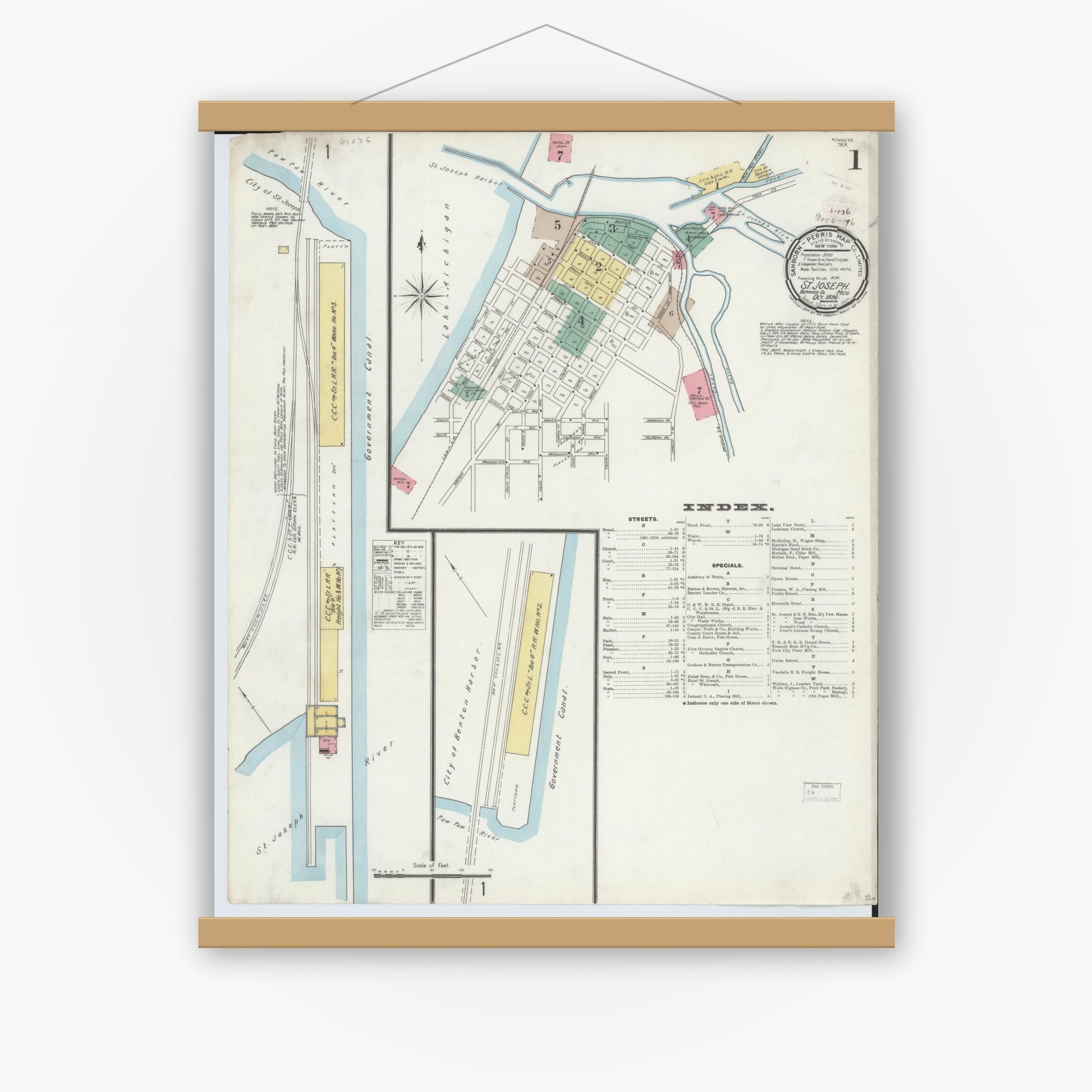 Old map wall art mockup — magnetic wood frame on white wall — Sanborn Fire Insurance Map from Saint Joseph, Berrien County, Michigan (1896) - Complete Map Set