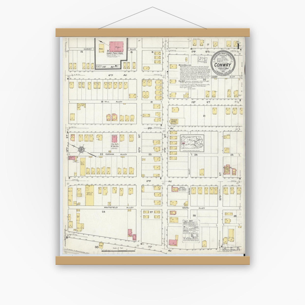 Old map wall art mockup — magnetic wood frame on white wall — Sanborn Fire Insurance Map from Conway, Beaver County, Pennsylvania (1916) - Complete Map Set