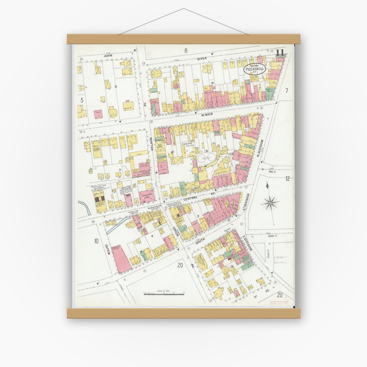 Old map wall art mockup — magnetic wood frame on white wall — Sanborn Fire Insurance Map from Peekskill, Westchester County, New York (1900), Sheet #0011