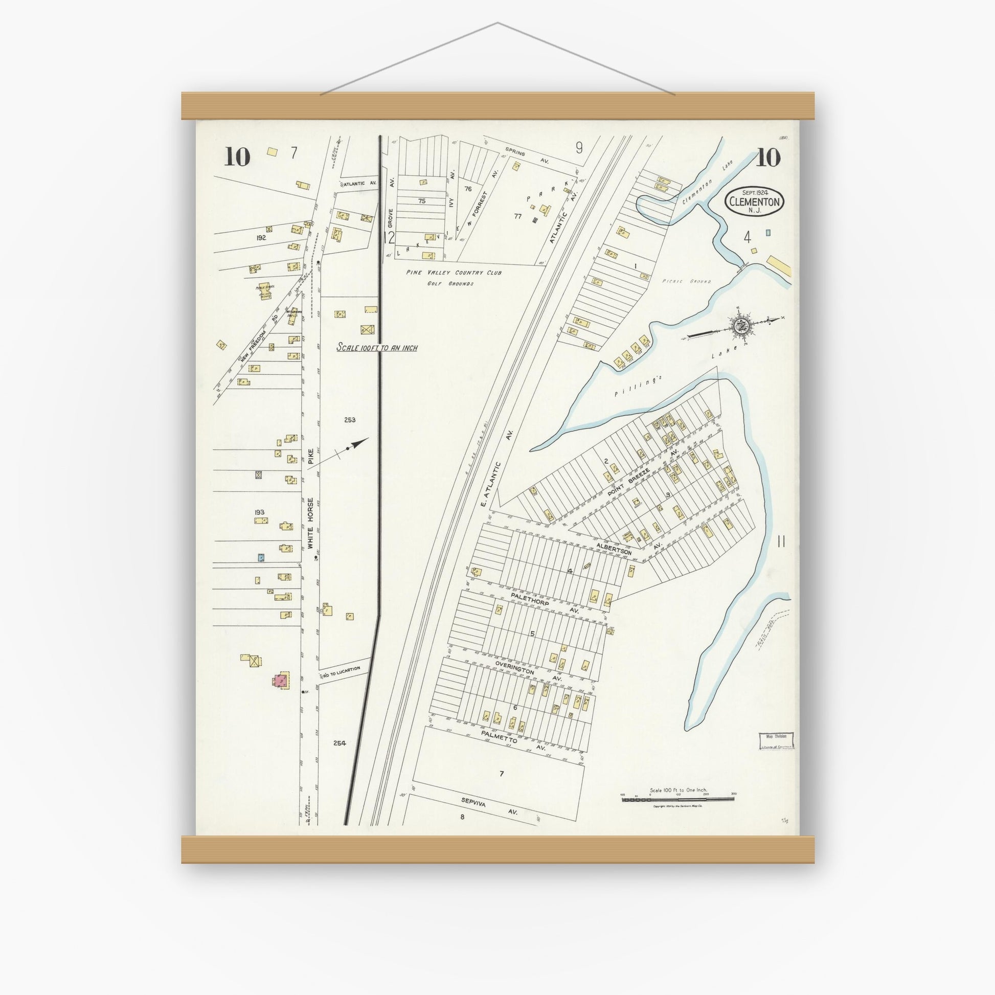 Old map wall art mockup — magnetic wood frame on white wall — Sanborn Fire Insurance Map from Clementon, Camden County, New Jersey (1924), Sheet #0010