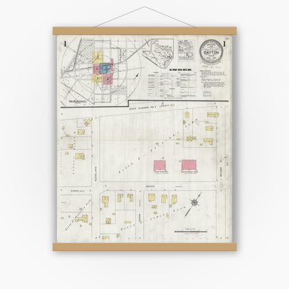 Old map wall art mockup — magnetic wood frame on white wall — Sanborn Fire Insurance Map from Dayton, Liberty County, Texas (1927) - Complete Map Set