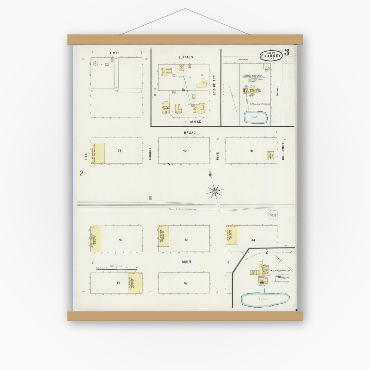 Old map wall art mockup — magnetic wood frame on white wall — Sanborn Fire Insurance Map from Forney, Kaufman County, Texas (1896), Sheet #0003
