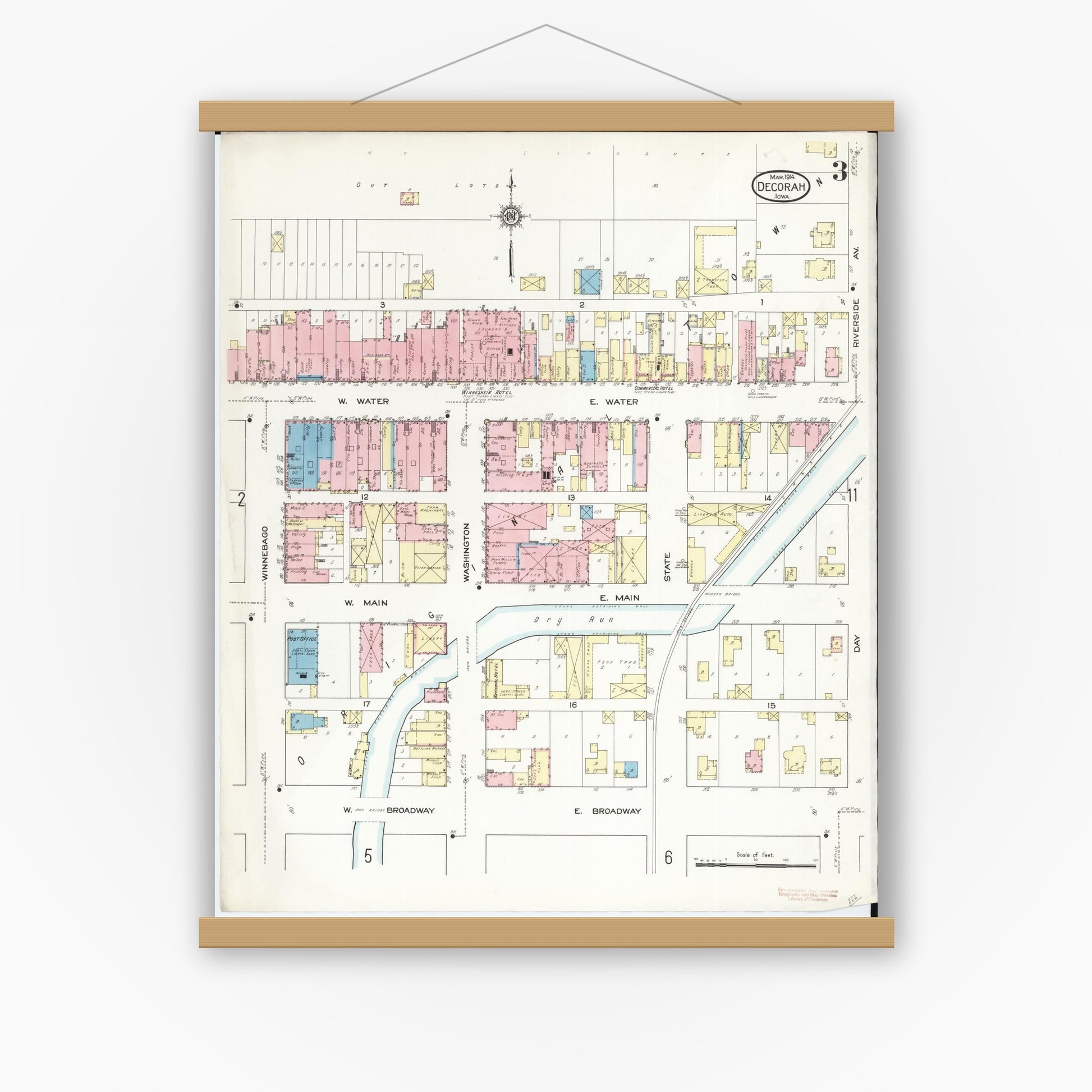 Old map wall art mockup — magnetic wood frame on white wall — Sanborn Fire Insurance Map from Decorah, Winneshiek County, Iowa (1914), Sheet #0003