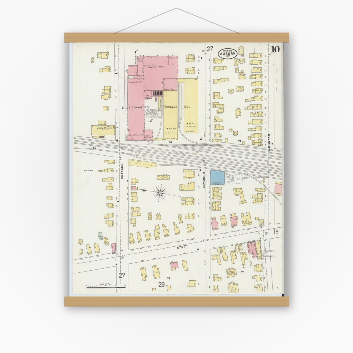 Old map wall art mockup — magnetic wood frame on white wall — Sanborn Fire Insurance Map from Auburn, Cayuga County, New York (1898), Sheet #0010