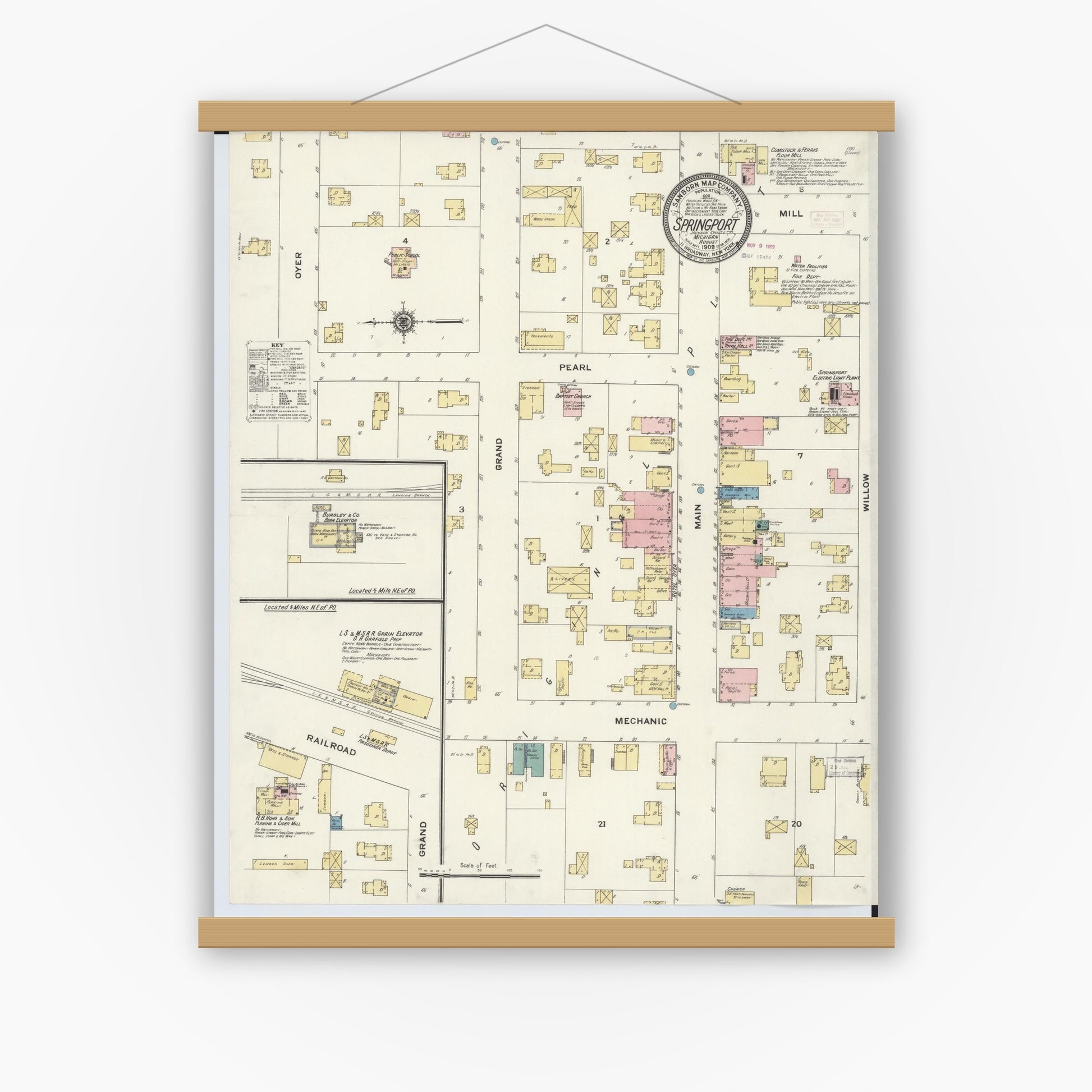 Old map wall art mockup — magnetic wood frame on white wall — Sanborn Fire Insurance Map from Springport, Jackson County, Michigan (1909), Sheet #0001