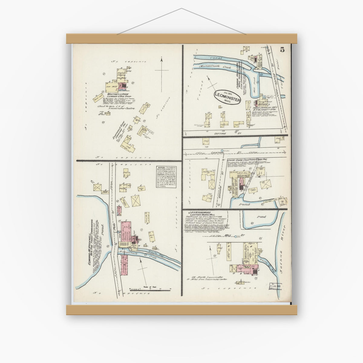 Old map wall art mockup — magnetic wood frame on white wall — Sanborn Fire Insurance Map from Leominster, Worcester County, Massachusetts (1884), Sheet #0005