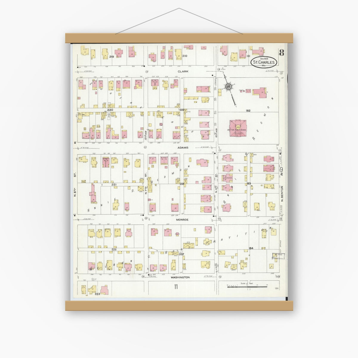 Old map wall art mockup — magnetic wood frame on white wall — Sanborn Fire Insurance Map from Saint Charles, Saint Charles County, Missouri (1909), Sheet #0008