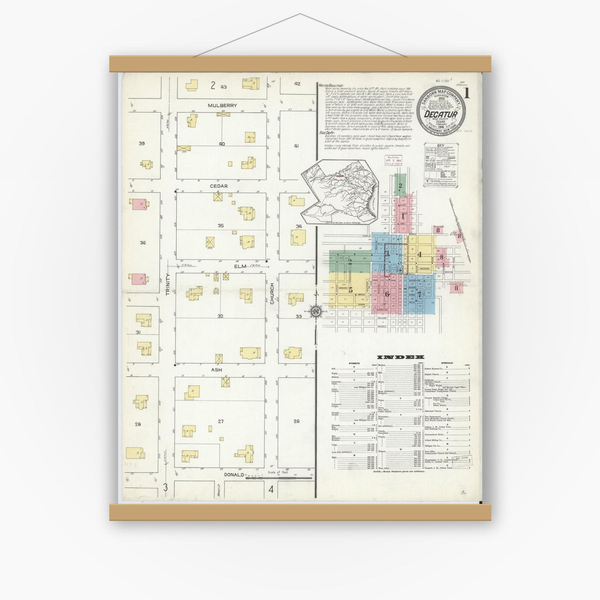 Old map wall art mockup — magnetic wood frame on white wall — Sanborn Fire Insurance Map from Decatur, Wise County, Texas (1914), Sheet #0001