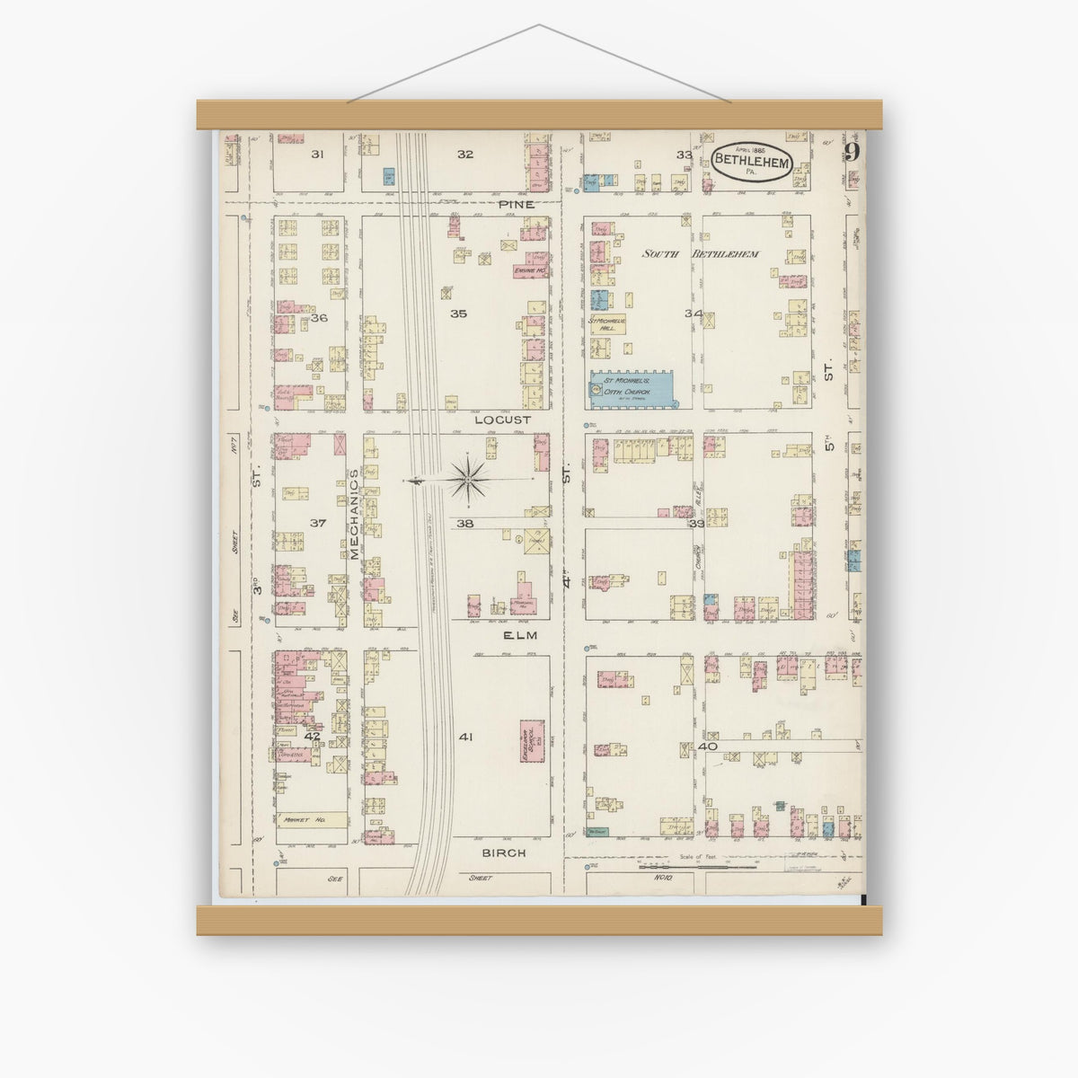Old map wall art mockup — magnetic wood frame on white wall — Sanborn Fire Insurance Map from Bethlehem, Northampton And Lehigh Counties, Pennsylvania (1885), Sheet #0009