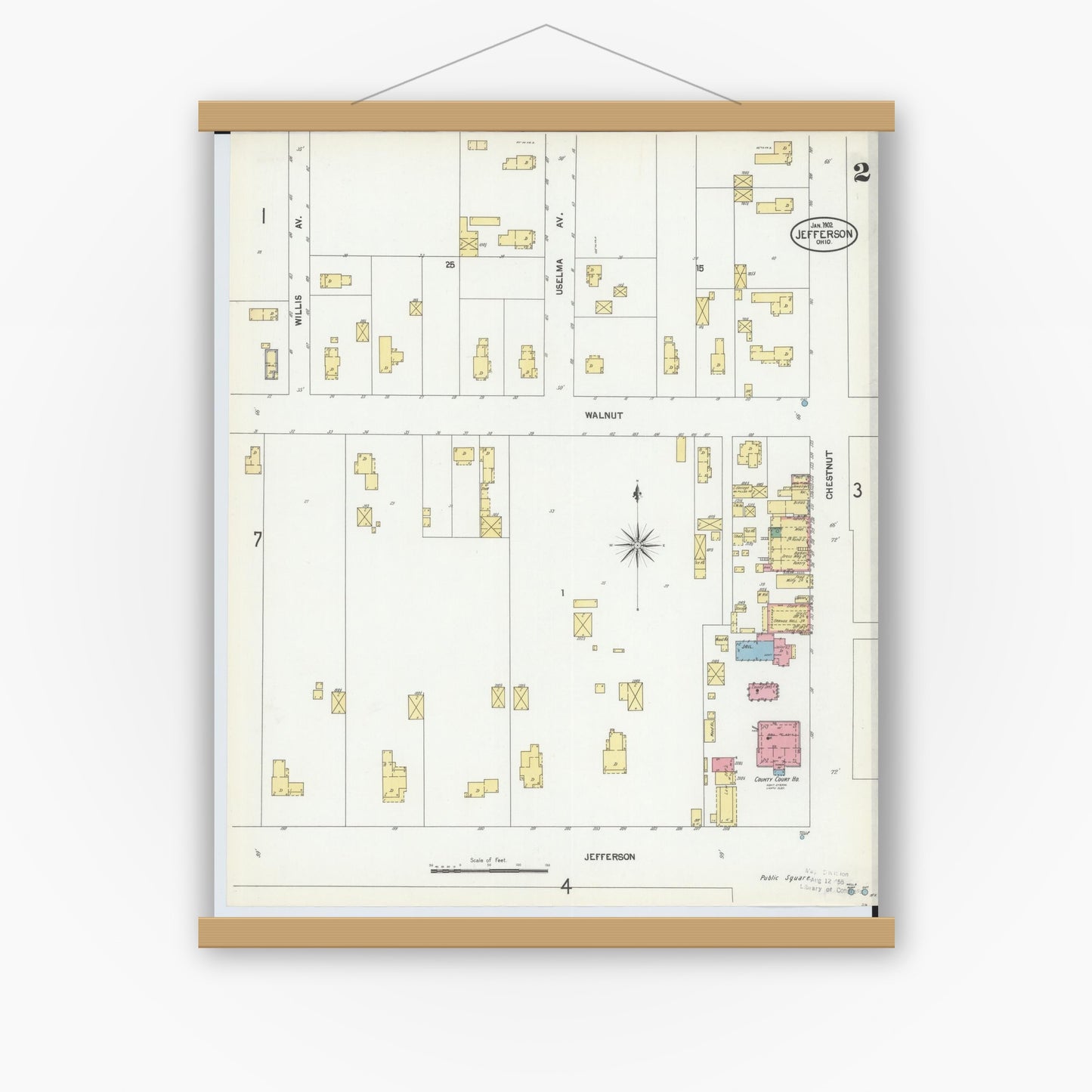 Old map wall art mockup — magnetic wood frame on white wall — Sanborn Fire Insurance Map from Jefferson, Ashtabula County, Ohio (1902), Sheet #0002
