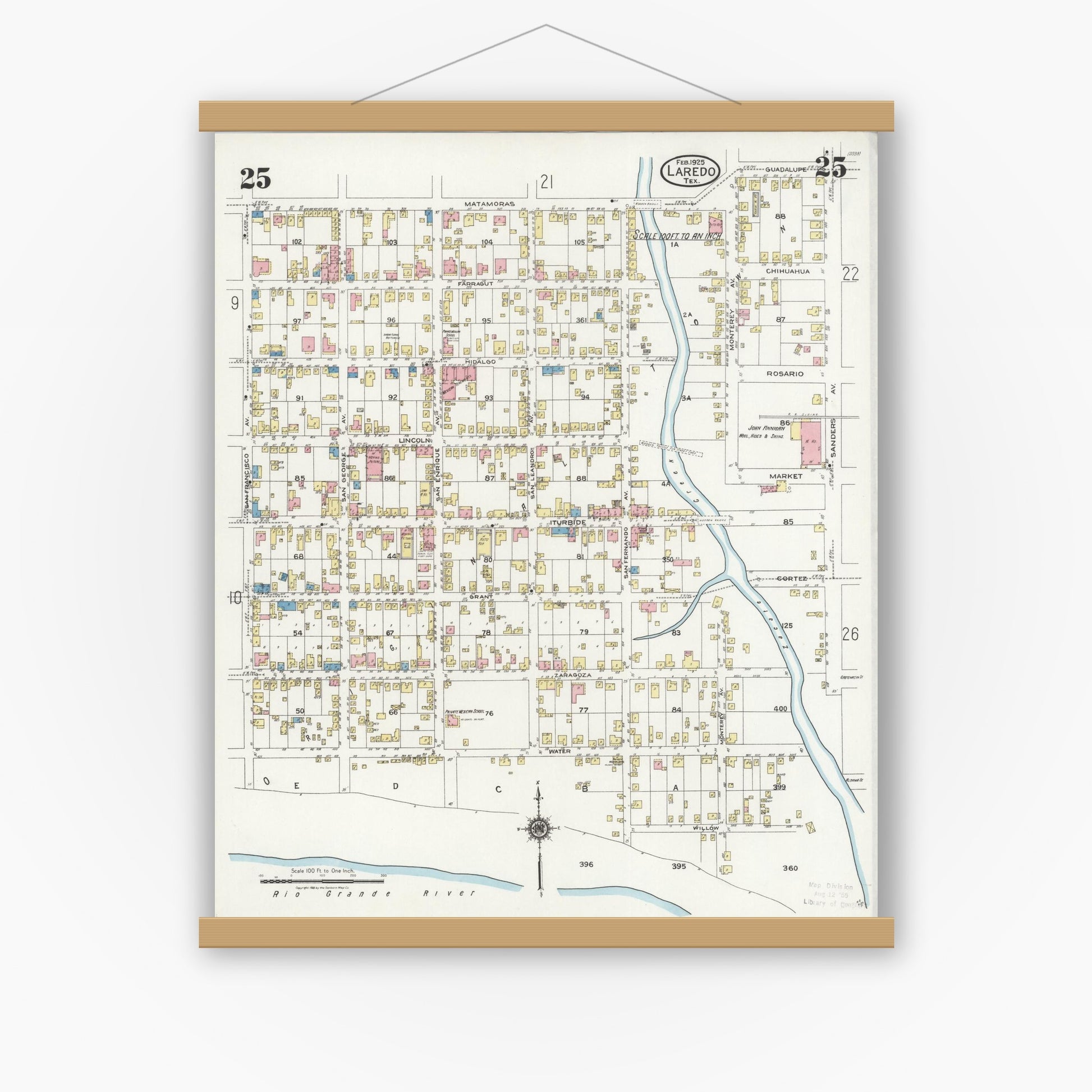 Old map wall art mockup — magnetic wood frame on white wall — Sanborn Fire Insurance Map from Laredo, Webb County, Texas (1925), Sheet #0025