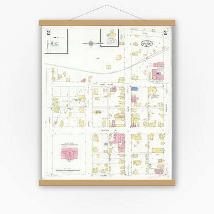 Old map wall art mockup — magnetic wood frame on white wall — Sanborn Fire Insurance Map from Milton, Wayne County, Indiana (1928), Sheet #0002