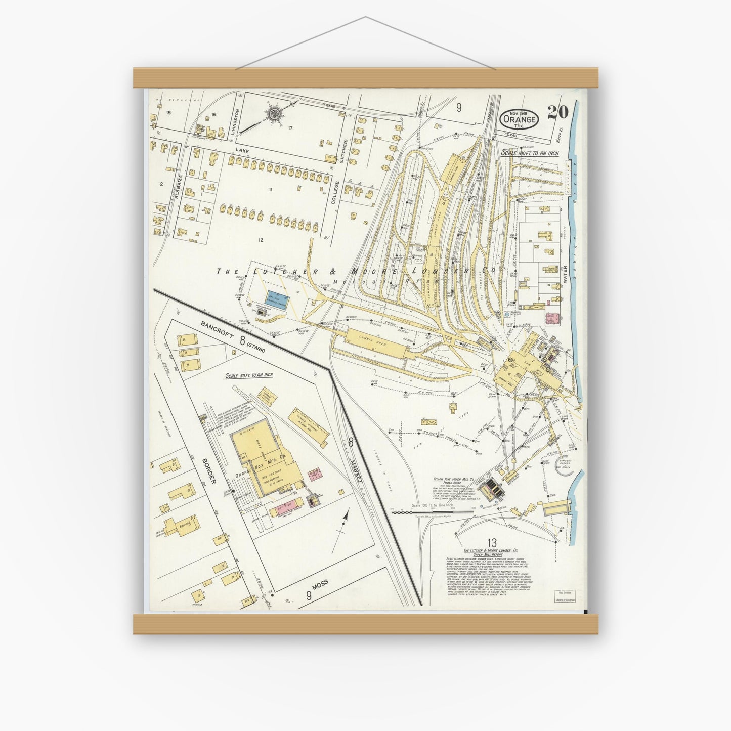 Old map wall art mockup — magnetic wood frame on white wall — Sanborn Fire Insurance Map from Orange, Orange County, Texas (1919), Sheet #0020