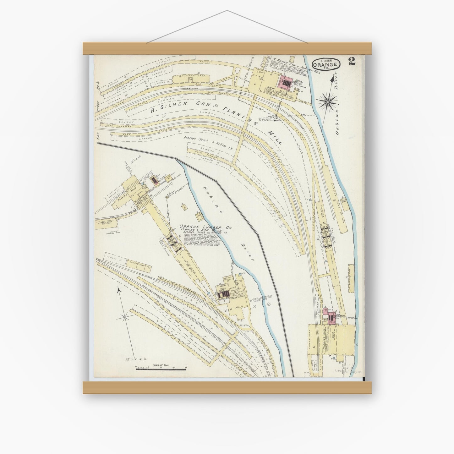 Old map wall art mockup — magnetic wood frame on white wall — Sanborn Fire Insurance Map from Orange, Orange County, Texas (1891), Sheet #0002