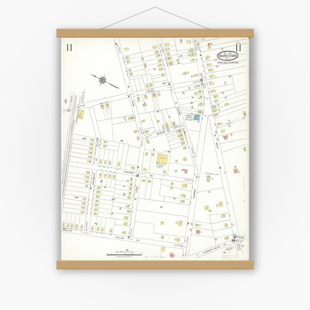 Old map wall art mockup — magnetic wood frame on white wall — Sanborn Fire Insurance Map from Moorestown, Burlington County, New Jersey (1923), Sheet #0011