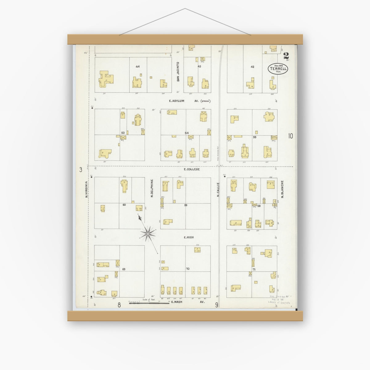 Old map wall art mockup — magnetic wood frame on white wall — Sanborn Fire Insurance Map from Terrell, Kaufman County, Texas (1902), Sheet #0002