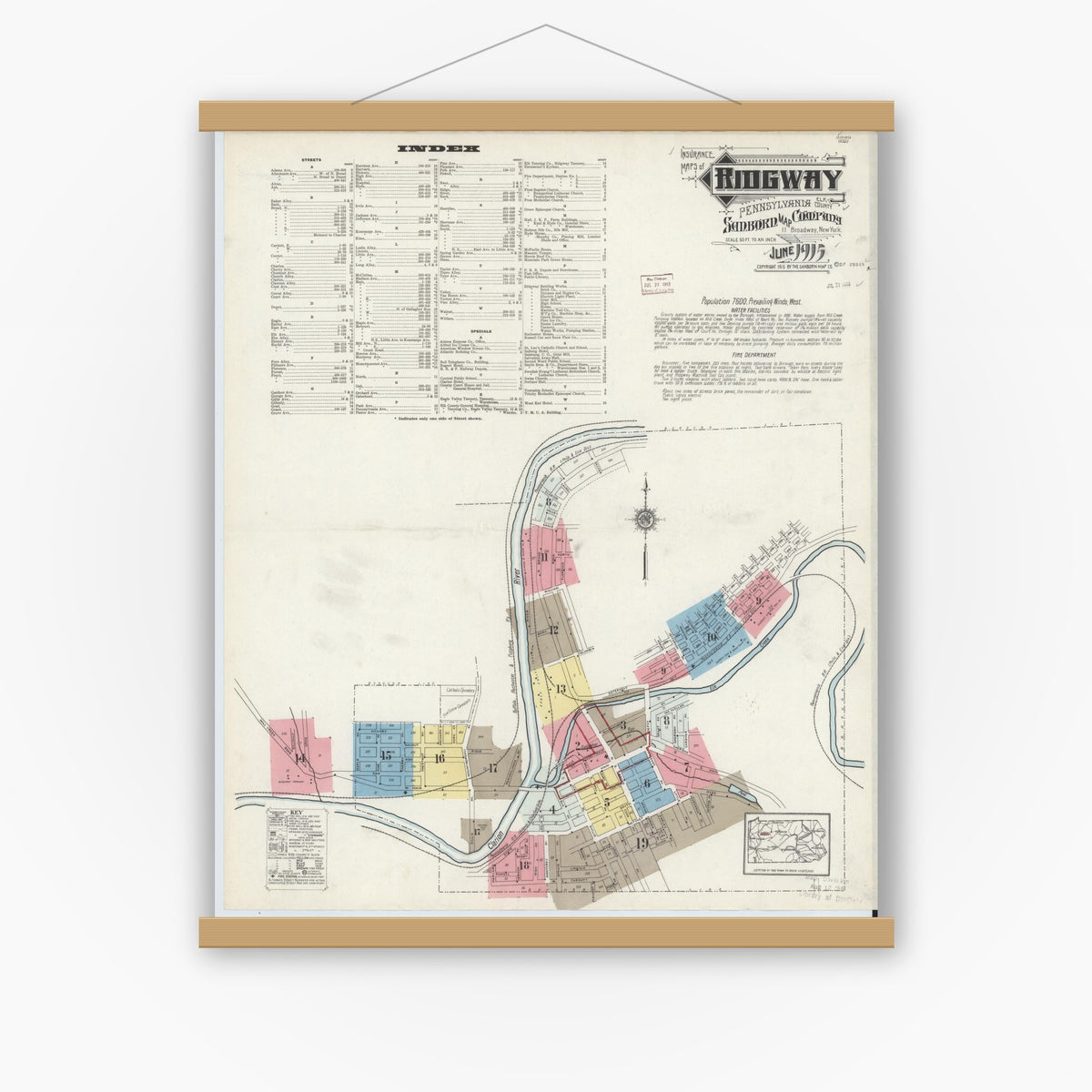 Old map wall art mockup — magnetic wood frame on white wall — Sanborn Fire Insurance Map from Ridgway, Elk County, Pennsylvania (1915) - Complete Map Set