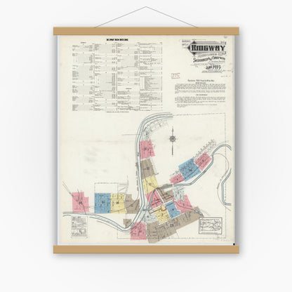 Old map wall art mockup — magnetic wood frame on white wall — Sanborn Fire Insurance Map from Ridgway, Elk County, Pennsylvania (1915) - Complete Map Set