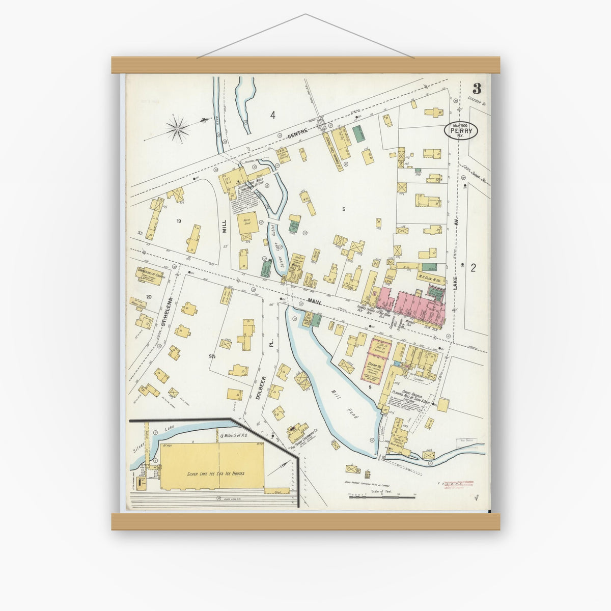 Old map wall art mockup — magnetic wood frame on white wall — Sanborn Fire Insurance Map from Perry, Wyoming County, New York (1900), Sheet #0003