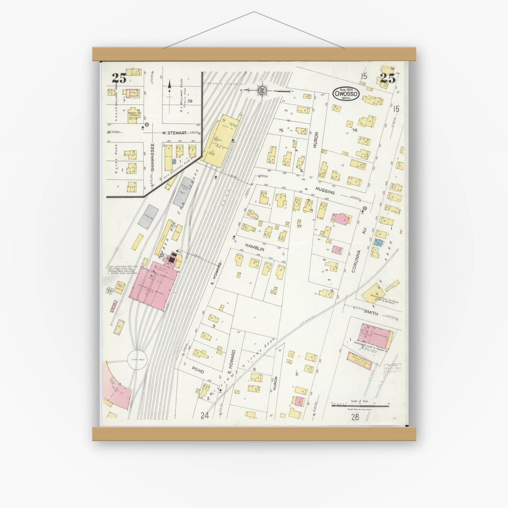 Old map wall art mockup — magnetic wood frame on white wall — Sanborn Fire Insurance Map from Owosso, Shiawassee County, Michigan (1924), Sheet #0025