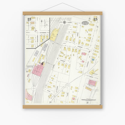 Old map wall art mockup — magnetic wood frame on white wall — Sanborn Fire Insurance Map from Owosso, Shiawassee County, Michigan (1924), Sheet #0025