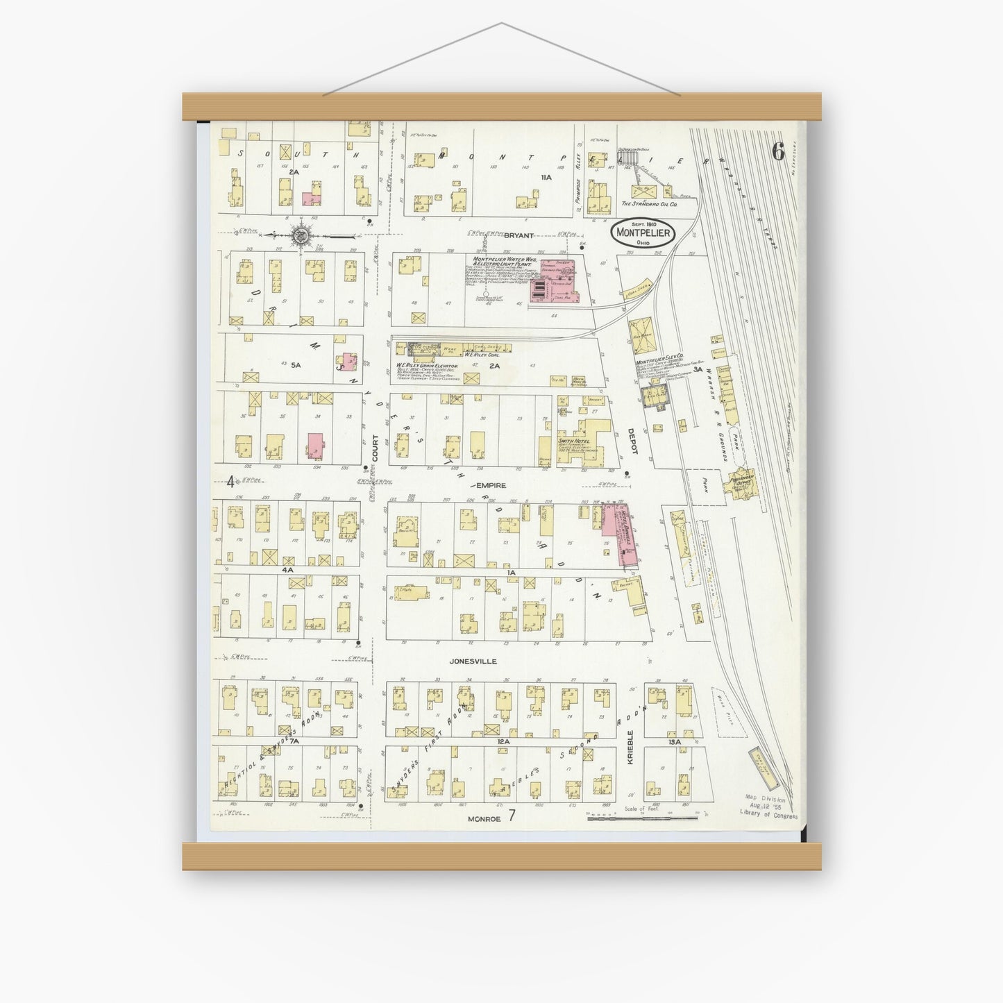 Old map wall art mockup — magnetic wood frame on white wall — Sanborn Fire Insurance Map from Montpelier, Williams County, Ohio (1910), Sheet #0006